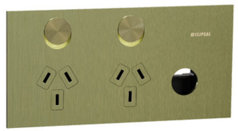 clipsal solis horizontal double powerpoint with extra switch living brass  1025XUA LB