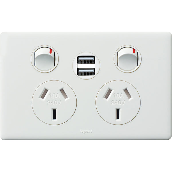Legrand Excel Life Double Power Point Outlet With USB Charger, Available in 5 Colours